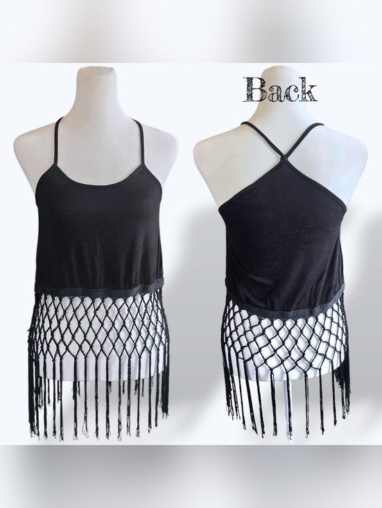 Rue21 Tops - 🟣 Rue21 Y2k Black Hanging Fringe Cropped Halter Strap Tank XSmall Mesh Fishnet